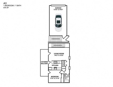 Floor plan for 1 bed, 1 bath, 676 sqft