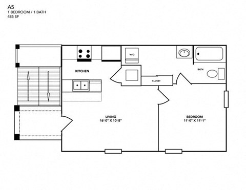 Floor plan for 1 bed, 1 bath, 485 sqft