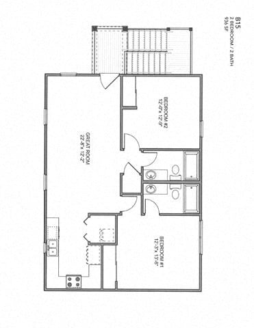 Floor plan for 2 beds, 2 baths, 936 sqft
