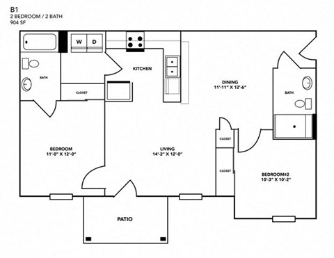 Floor plan for 2 beds, 2 baths, 904 sqft
