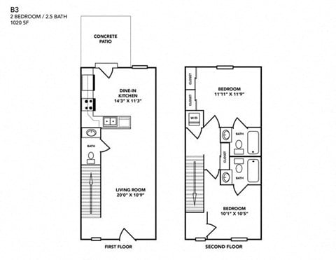 Floor plan for 2 beds, 2.5 baths, 1020 sqft