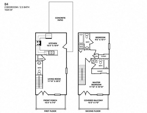Floor plan for 2 beds, 2.5 baths, 1024 sqft