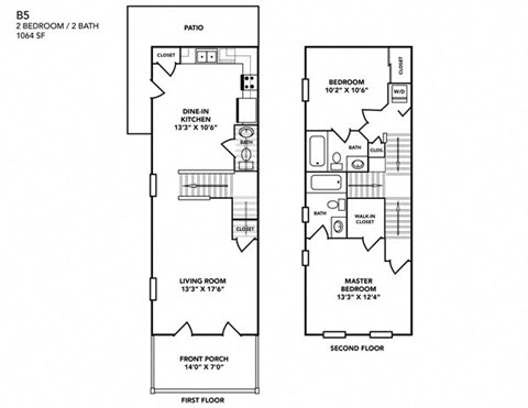 Floor plan for 2 beds, 2.5 baths, 1064 sqft