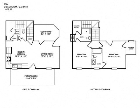 Floor plan for 2 beds, 2.5 baths, 1075 sqft