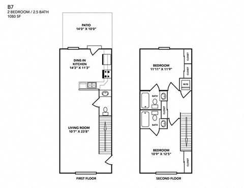 Floor plan for 2 beds, 2.5 baths, 1080 sqft