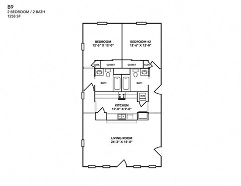 Floor plan for 2 beds, 2.5 baths, 1258 sqft