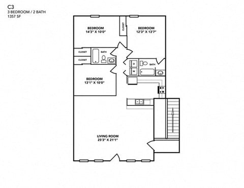 Floor plan for 3 beds, 2.5 baths, 1357 sqft