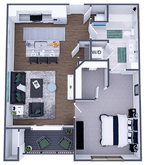 Floor plan for 1 bed, 1 bath, 732 sqft