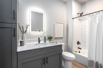 Bathroom with white subway tile and gray vanity