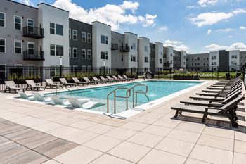 Resort style pool with sun loungers and tanning ledge