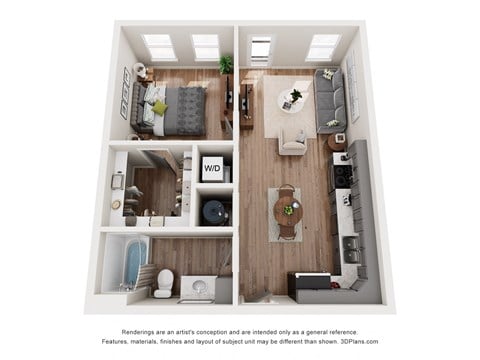 Floor plan for 1 bed, 1 bath, 645 sqft