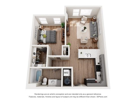 Floor plan for 1 bed, 1 bath, 770 sqft