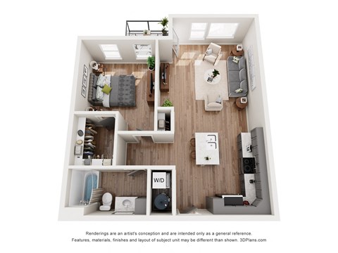 Floor plan for 1 bed, 1 bath, 807 sqft