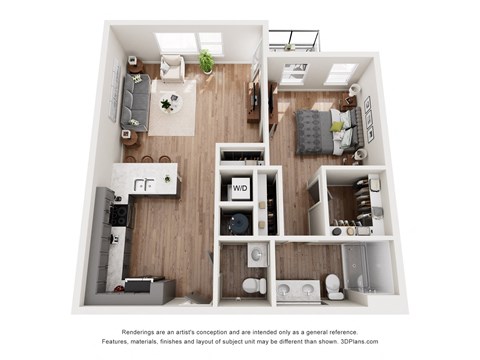 Floor plan for 1 bed, 1.5 baths, 877 sqft