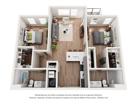 Floor plan for 2 beds, 2 baths, 1050 sqft