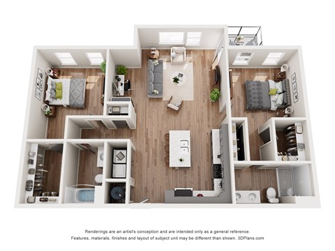 Floor plan for 2 beds, 2 baths, 1291 sqft