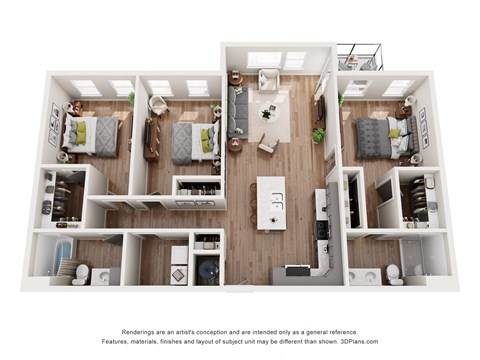 Floor plan for 3 beds, 2 baths, 1363 sqft