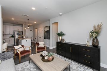 West Des Moines apartment for rent - A modern living room with a wooden coffee table and a black cabinet.