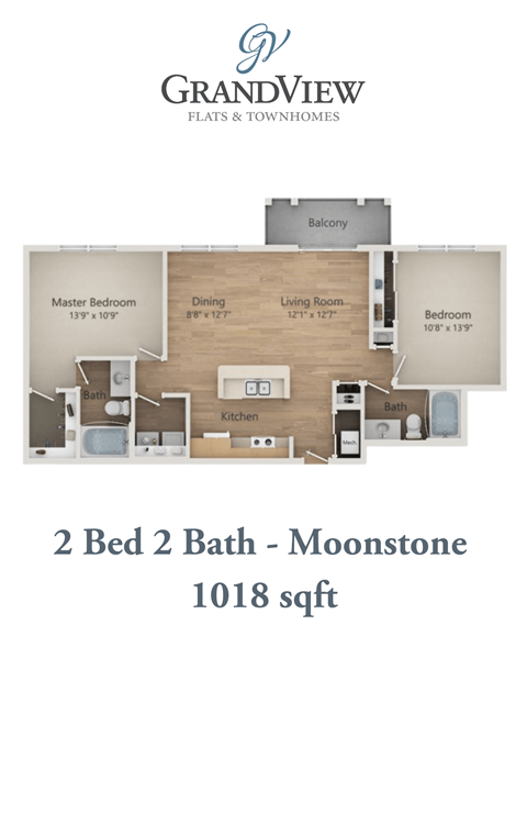 Floor plan for 2 beds, 2 baths, 1018 sqft
