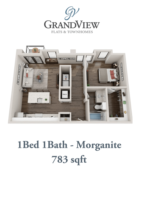 Floor plan for 1 bed, 1 bath, 783 sqft