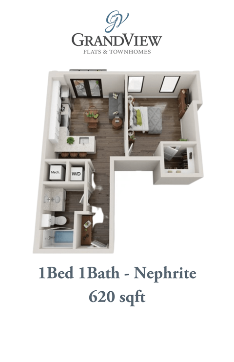Floor plan for 1 bed, 1 bath, 620 sqft