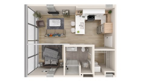 Floor plan for 1 bed, 1 bath, 489 sqft