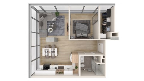 Floor plan for 1 bed, 1 bath, 628 sqft