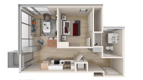 Floor plan for 1 bed, 1 bath, 573 sqft