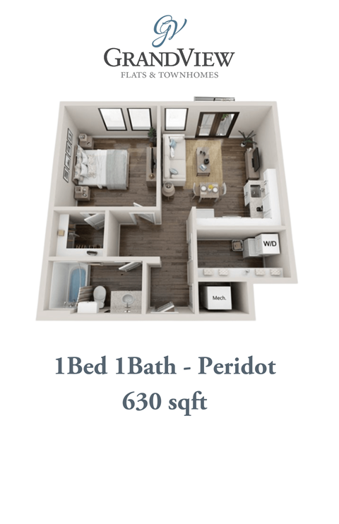 Floor plan for 1 bed, 1 bath, 630 sqft