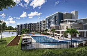 Shiloh apartment for rent - Exterior rendering of The Oasis at Hartman Lakes with pool, cabanas, bocce ball court and pickleball court