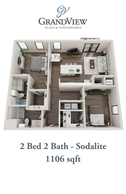 Floor plan for 2 beds, 2 baths, 1106 sqft