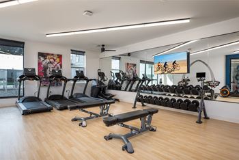 A gym with cardio equipment and mirrors in a building