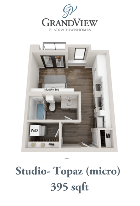 Floor plan for studio, 1 bath, 395 sqft