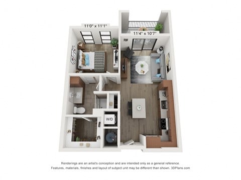 Floor plan for 1 bed, 1 bath, 699 sqft