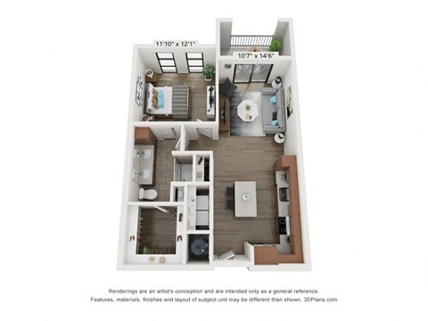 Floor plan for 1 bed, 1 bath, 791 sqft