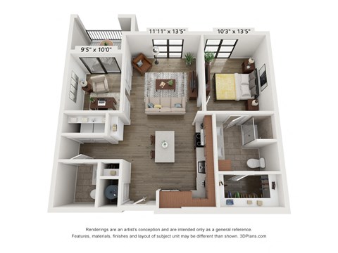 Floor plan for 1 bed, 1.5 baths, 925 sqft