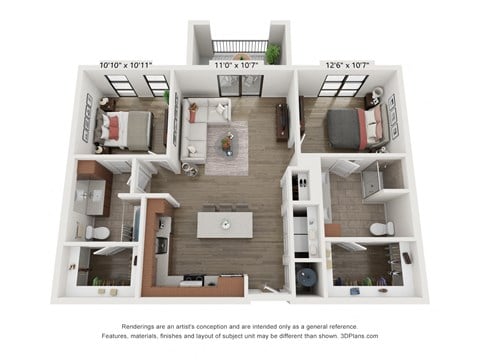 Floor plan for 2 beds, 2 baths, 1155 sqft