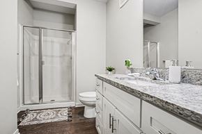 Granger apartment for rent - Bathroom with granite countertop and walk-in shower at GrandView Flats and Townhomes Apartments, Granger, 46530