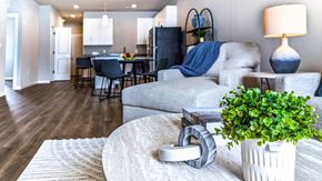 St. Charles apartment for rent - A living room with a grey couch, a white rug, and a potted plant at French District Villas Apartments, St. Charles, MO 63301