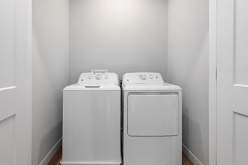 A washer and dryer in a laundry room with white walls