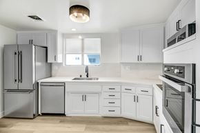 West Hollywood apartment for rent - A modern kitchen with white cabinets and stainless steel appliances.