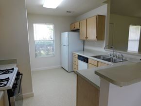 Pensacola house for rent - A kitchen with a stove, sink, and cabinets.
