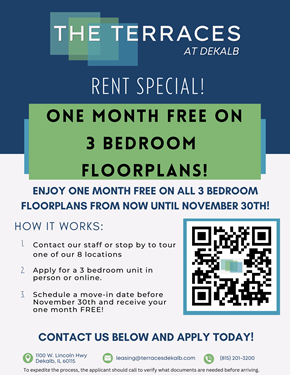 Dekalb apartment for rent - a poster for a rent free on 3 bedroom floorplan