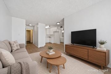 Los Angeles apartment for rent - A living room with a grey couch, a wooden coffee table, and a black television on a wooden cabinet.