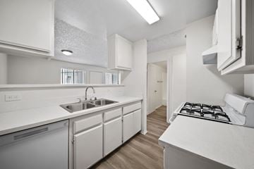Los Angeles apartment for rent - A white kitchen with a stove top oven and sink.