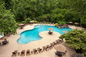 Piscataway apartment for rent - A large outdoor swimming pool surrounded by trees and lounge chairs. at Rivercrest Apartments, Piscataway , NJ, 08854