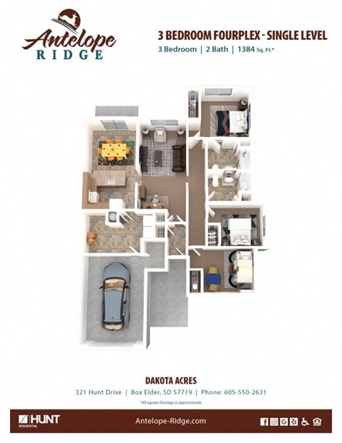 Floor plan for 3 beds, 2 baths, 1384 sqft