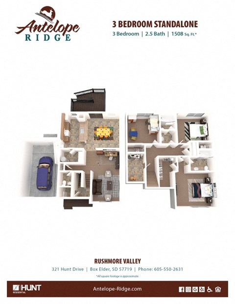 Floor plan for 3 beds, 2.5 baths, 1508 sqft