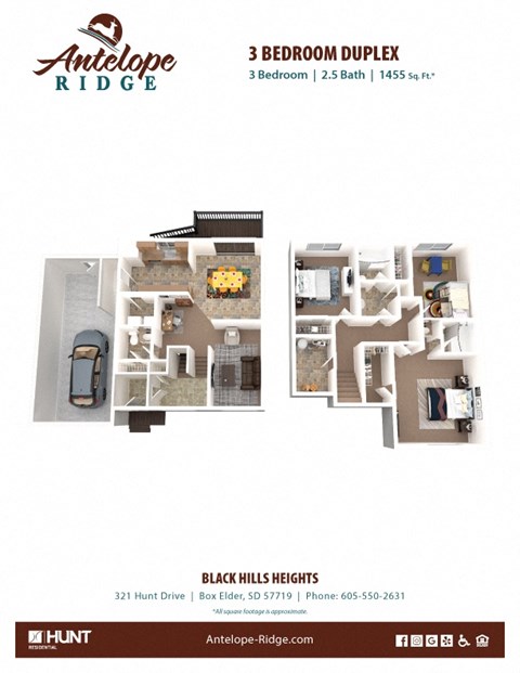 Floor plan for 3 beds, 2.5 baths, 1455 sqft