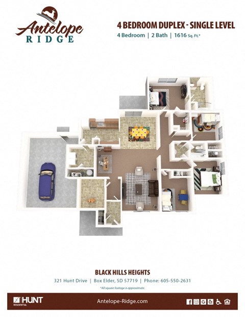 Floor plan for 4 beds, 2 baths, 1616 sqft